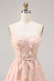 Corset de bal longue convertible, longue robe de bal à manches en tulle à ligne A à blush