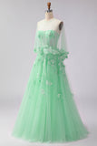 Corset de bal longue convertible, longue robe de bal à manches en tulle à ligne A à blush