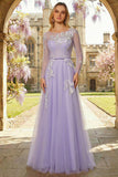 Corset Lilas A Line Sequins, Tulle Longue robe de bal à manches longues