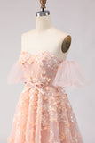 Robe longue de bal en tulle à perles perlées violette avec manches amovibles