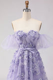 Robe longue de bal en tulle à perles perlées violette avec manches amovibles