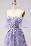 Robe longue de bal en tulle à perles perlées violette avec manches amovibles