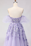 Robe longue de bal en tulle à perles perlées violette avec manches amovibles