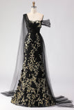 Sirène noire à paillettes 3D en fleurs à une épaule avec une longue robe de bal avec serpentin