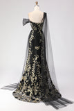 Sirène noire à paillettes 3D en fleurs à une épaule avec une longue robe de bal avec serpentin