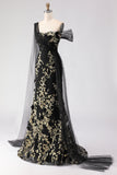 Sirène noire à paillettes 3D en fleurs à une épaule avec une longue robe de bal avec serpentin