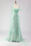 Robe longue de bal avec paillettes 3D en fleurs de sirène verte à une épaule et serpentin