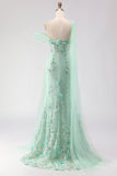 Robe longue de bal avec paillettes 3D en fleurs de sirène verte à une épaule et serpentin