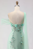 Robe longue de bal avec paillettes 3D en fleurs de sirène verte à une épaule et serpentin
