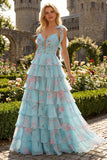 Bleu Rose Fleur Une robe de bal longue en chiffon à volants avec fente