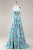 Bleu Rose Fleur Une robe de bal longue en chiffon à volants avec fente
