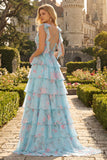 Bleu Rose Fleur Une robe de bal longue en chiffon à volants avec fente