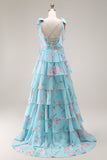 Bleu Rose Fleur Une robe de bal longue en chiffon à volants avec fente