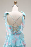 Bleu Rose Fleur Une robe de bal longue en chiffon à volants avec fente