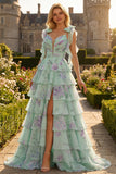 Bleu Rose Fleur Une robe de bal longue en chiffon à volants avec fente