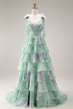 Bleu Rose Fleur Une robe de bal longue en chiffon à volants avec fente