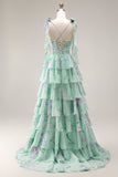 Bleu Rose Fleur Une robe de bal longue en chiffon à volants avec fente