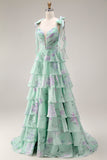 Bleu Rose Fleur Une robe de bal longue en chiffon à volants avec fente
