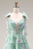 Bleu Rose Fleur Une robe de bal longue en chiffon à volants avec fente