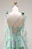 Bleu Rose Fleur Une robe de bal longue en chiffon à volants avec fente