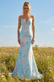 Robe de bal longue à bretelles fines en forme de fleur rose bleu rose