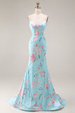 Robe de bal longue à bretelles fines en forme de fleur rose bleu rose