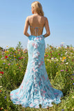 Robe de bal longue à bretelles fines en forme de fleur rose bleu rose