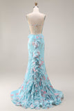 Robe de bal longue à bretelles fines en forme de fleur rose bleu rose