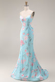 Robe de bal longue à bretelles fines en forme de fleur rose bleu rose
