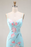 Robe de bal longue à bretelles fines en forme de fleur rose bleu rose