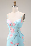 Robe de bal longue à bretelles fines en forme de fleur rose bleu rose