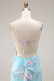 Robe de bal longue à bretelles fines en forme de fleur rose bleu rose