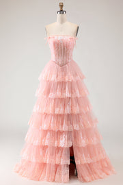Blush Bustier Bustier à volants A Line Sequins Corset Longue robe de bal avec fente
