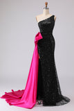 Robe de bal longue sirène noire à paillettes à une épaule avec nœud de promo