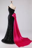 Robe de bal longue sirène noire à paillettes à une épaule avec nœud de promo