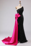 Robe de bal longue sirène noire à paillettes à une épaule avec nœud de promo