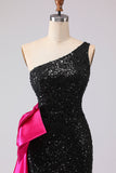 Robe de bal longue sirène noire à paillettes à une épaule avec nœud de promo