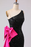 Robe de bal longue sirène noire à paillettes à une épaule avec nœud de promo