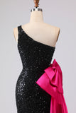 Robe de bal longue sirène noire à paillettes à une épaule avec nœud de promo