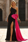 Robe de bal longue sirène noire à paillettes à une épaule avec nœud de promo