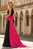 Robe de bal longue sirène noire à paillettes à une épaule avec nœud de promo