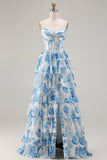 Corset floral blanc bleu bustier A Line A Dress à volants à étages et longue robe de bal avec fente