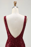 Robe De Soirée longue à col en V scintillante sirène bordeaux à paillettes avec fente