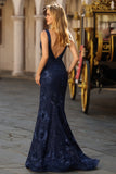 Robe de soirée longue scintillante bleu marine col V paillettes dos ouvert