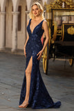 Robe de soirée longue scintillante bleu marine col V paillettes dos ouvert