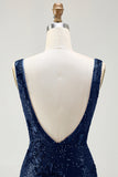 Robe De Soirée longue à dos ouvert à paillettes sirène sirène bleu marine scintillante avec fente