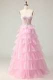 Princesse Pink Sweetheart Corset Tiered Sequins Robe De Soirée Avec Lace Up Back
