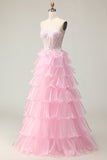 Princesse Pink Sweetheart Corset Tiered Sequins Robe De Soirée Avec Lace Up Back