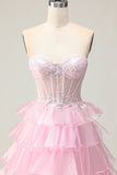 Princesse Pink Sweetheart Corset Tiered Sequins Robe De Soirée Avec Lace Up Back