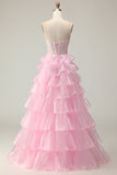 Princesse Pink Sweetheart Corset Tiered Sequins Robe De Soirée Avec Lace Up Back